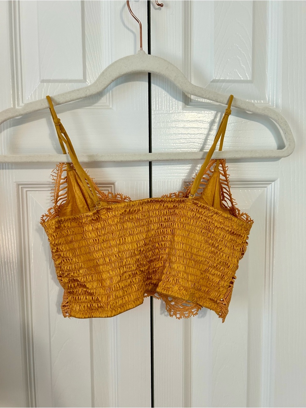 Crochet Lace Crop Bralette in Mustard - Women's Spaghetti Strap Top - Picture 2 of 3